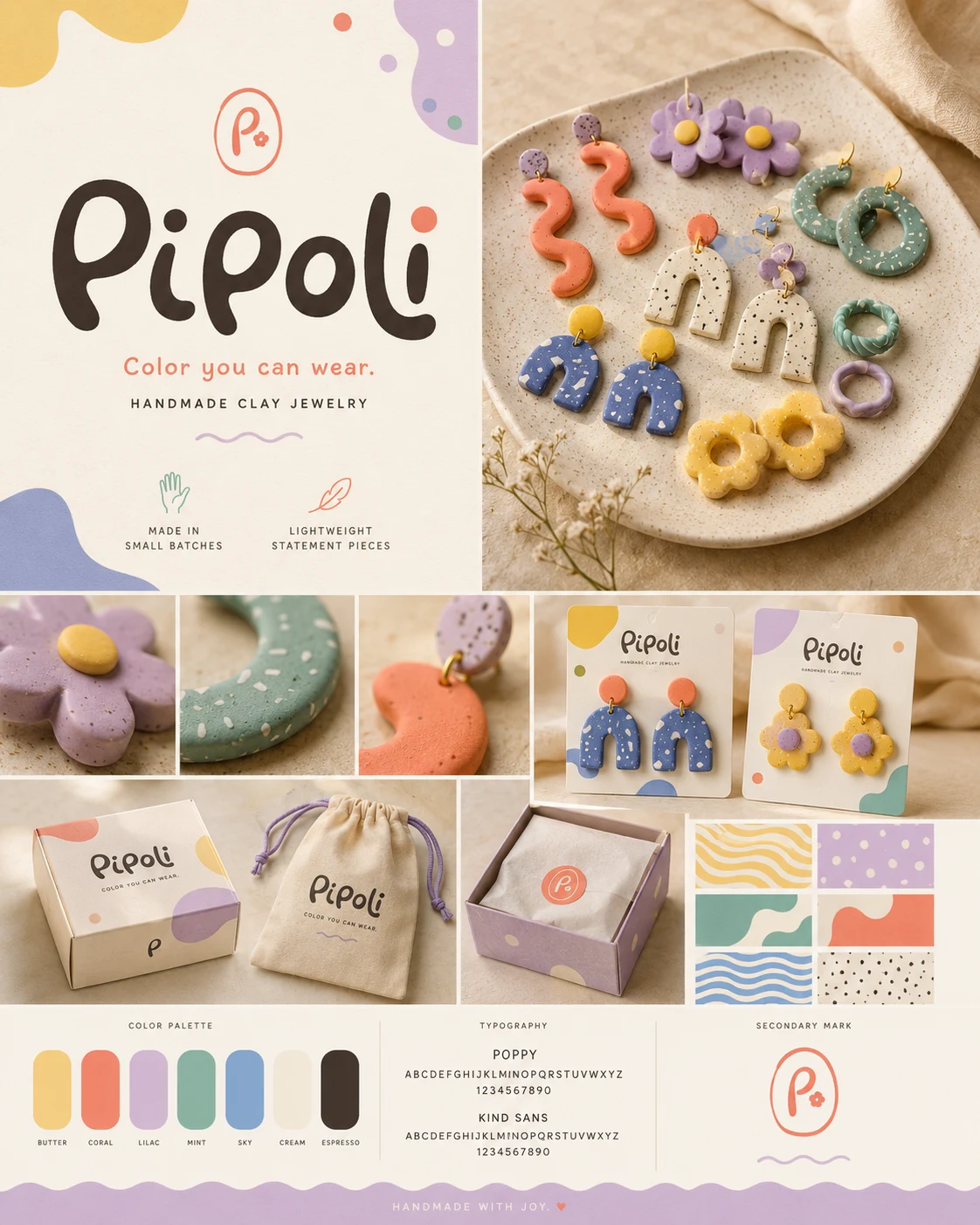 Pipoli handmade clay jewelry brand foundation and packaging