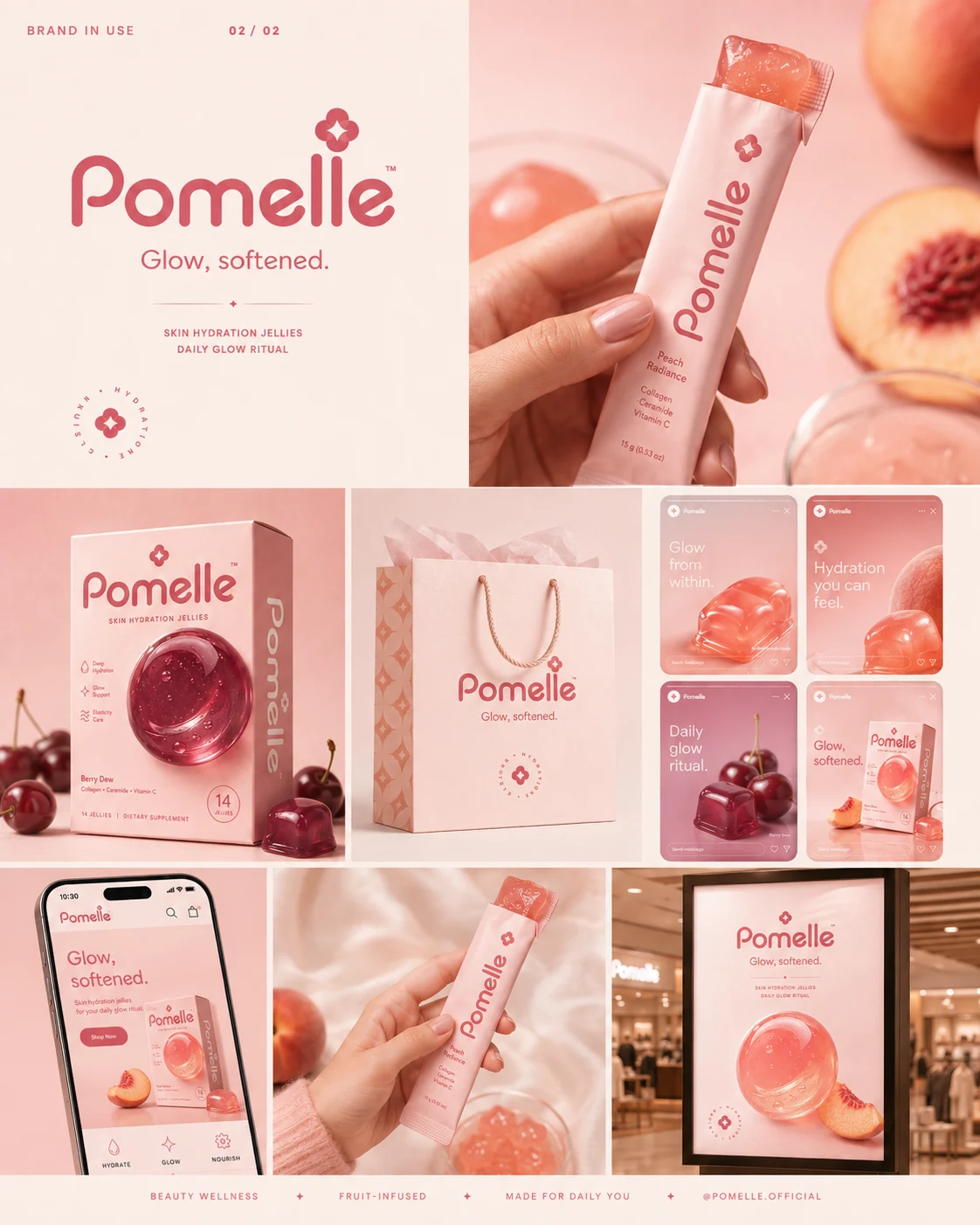 Pomelle brand identity in use across packaging, product and digital touchpoints